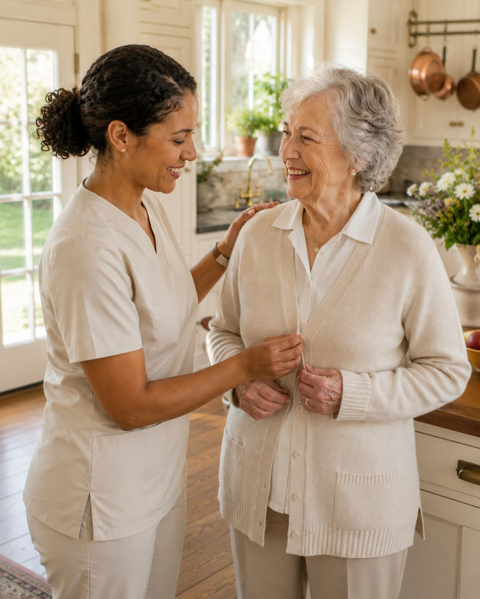 A Paragon caregiver helping an elderly woman button her cardigan in a sunlit kitchen
