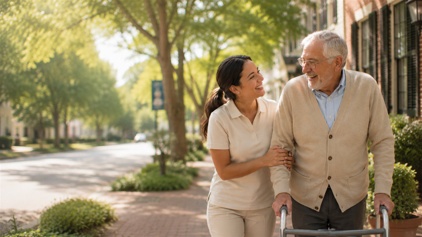 A Paragon caregiver walking beside a smiling elderly man using a walker along a sunlit, tree-lined New England street