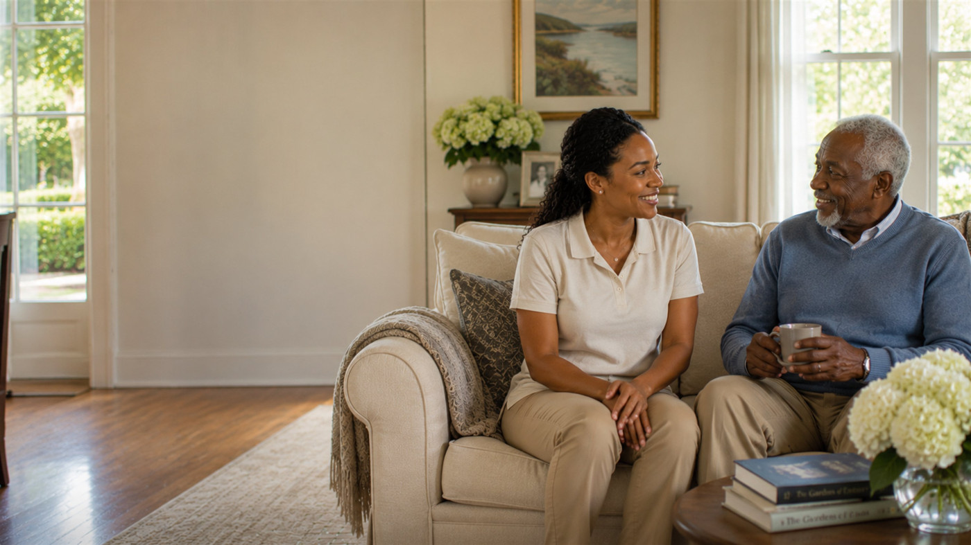 A Paragon caregiver and an elderly man sharing conversation over coffee on a sofa in a bright, elegant New England living room