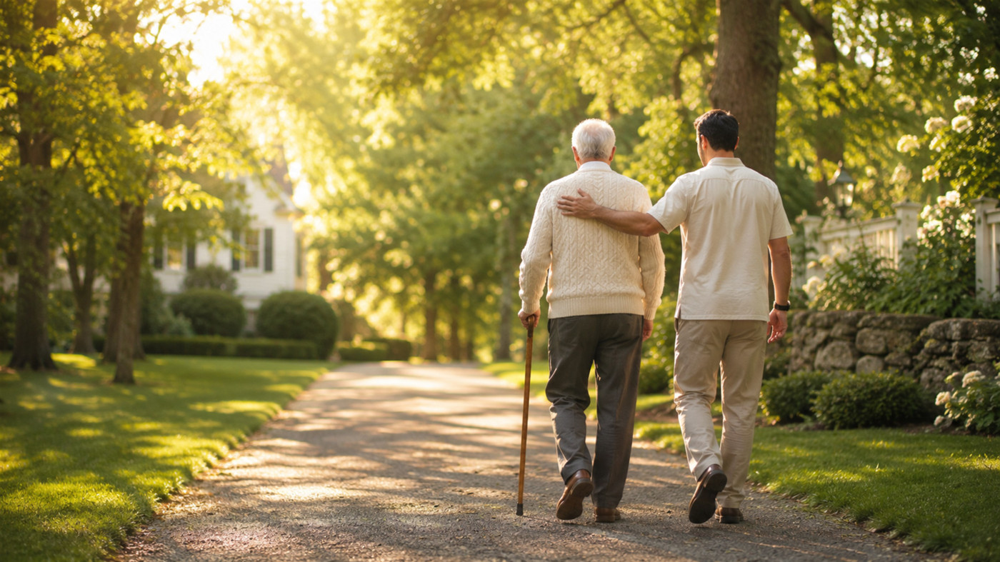A Paragon caregiver walking alongside an elderly man with a cane on a tree-lined path by an elegant New England home