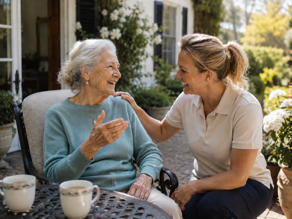 A Paragon caregiver sharing tea and conversation with an elderly woman on a sunny garden patio