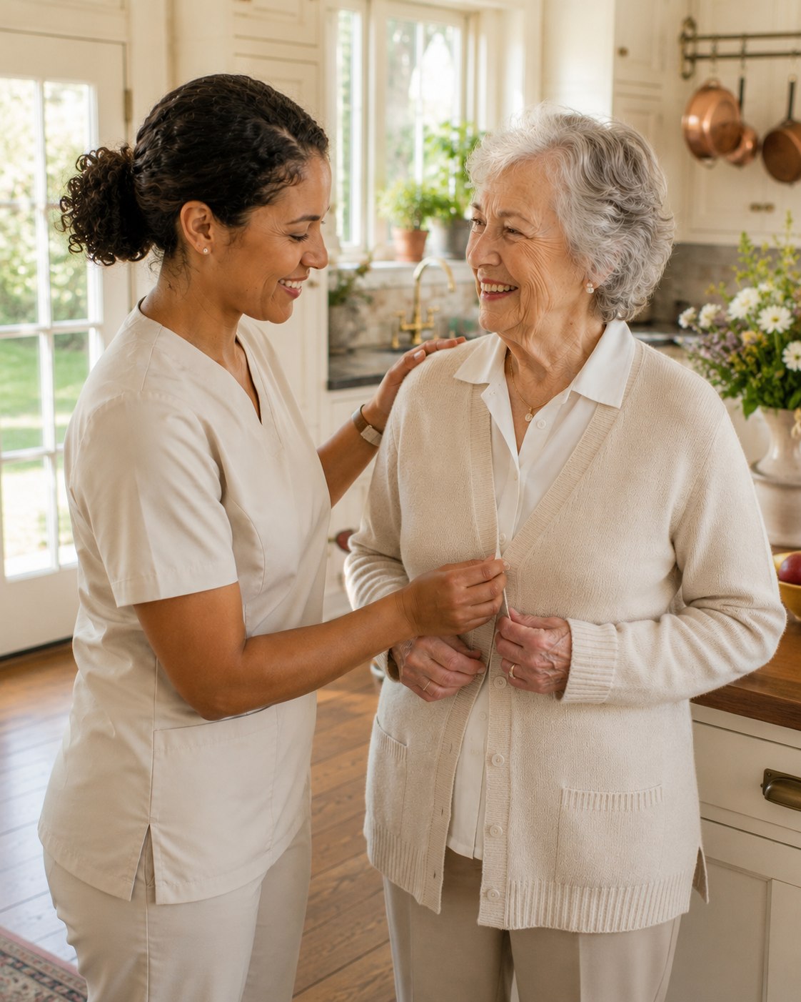A Paragon caregiver helping an elderly woman button her cardigan in a sunlit kitchen