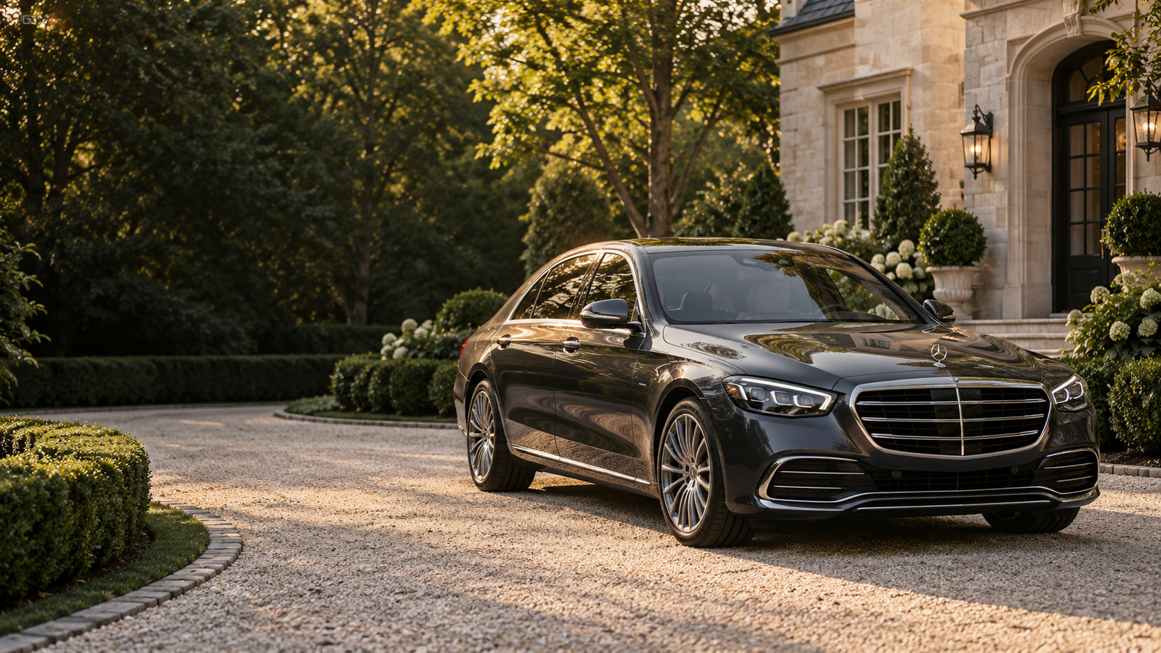 Illustrative luxury sedan outside an elegant New England home