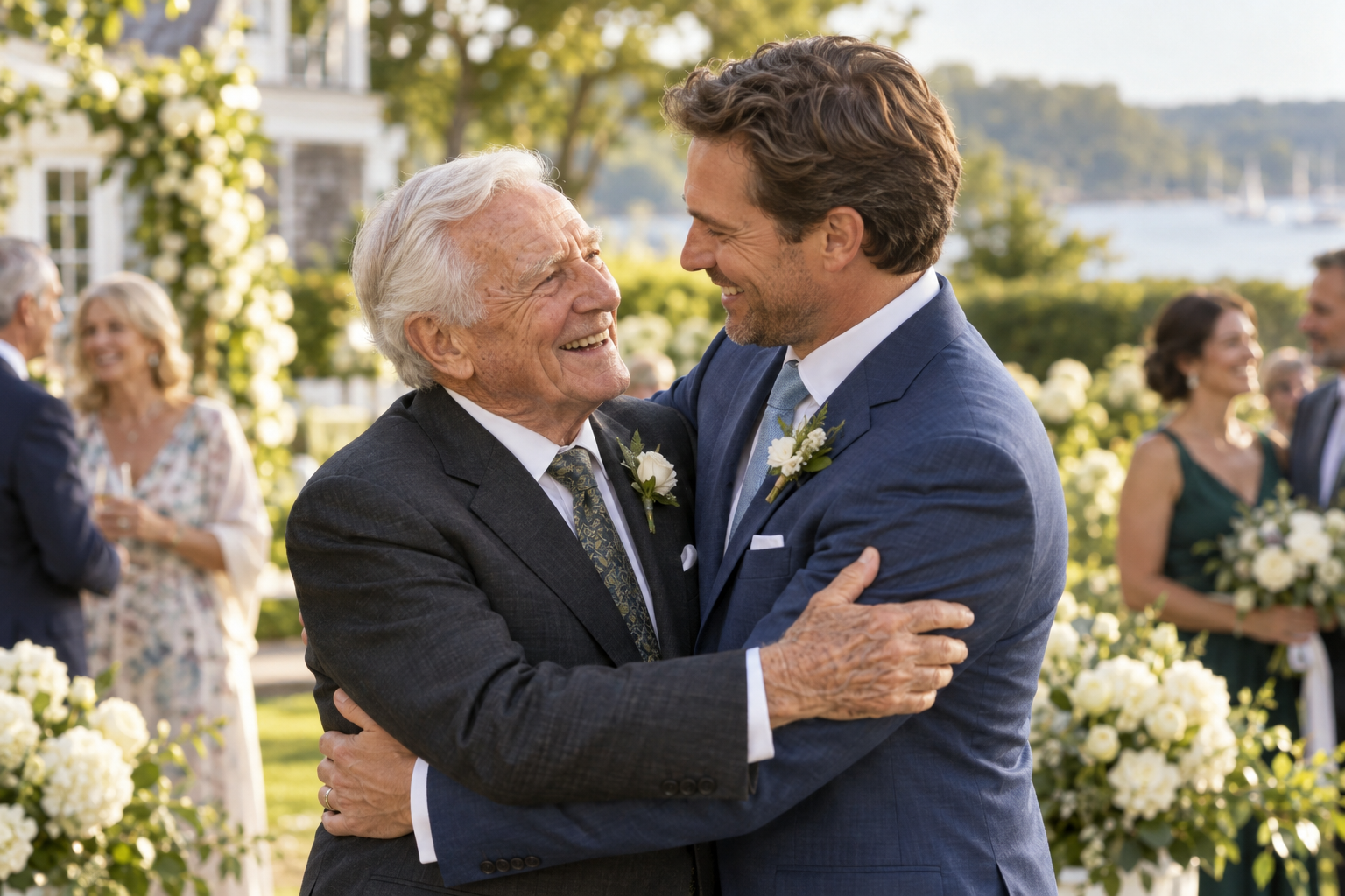 Illustrative scene of an older man embracing his son at a family wedding
